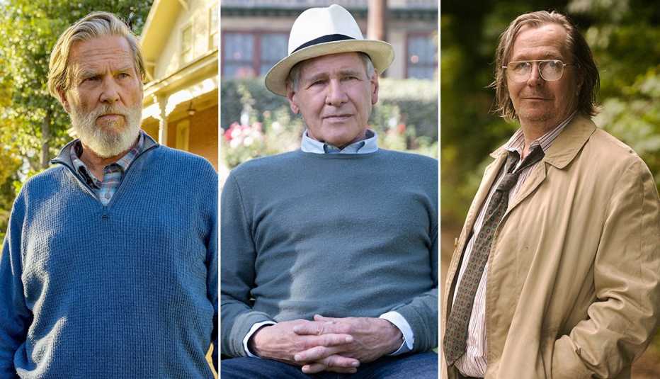 Jeff Bridges in a scene from the FX series "The Old Man," Harrison Ford sitting on a bench in the Apple TV Plus series "Shrinking" and Gary Oldman in the Apple TV Plus series "Slow Horses"