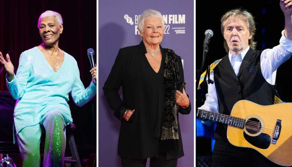 from left to right singer dionne warwick then actress dame judi dench then singer sir paul mccartney