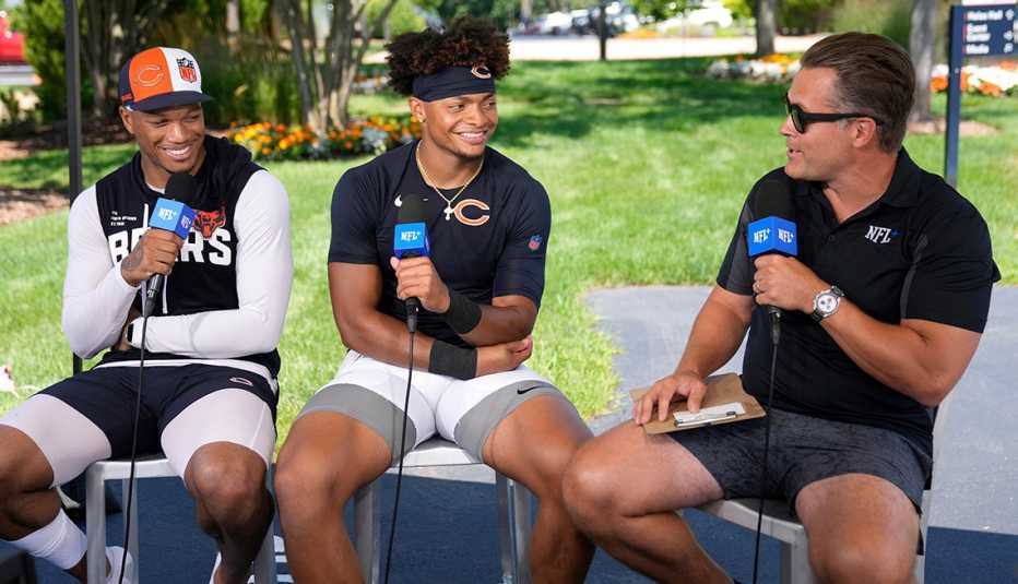 kyle brandt of the nfl network interviews chicago bears wide receiver dj moore and quarterback justin fields