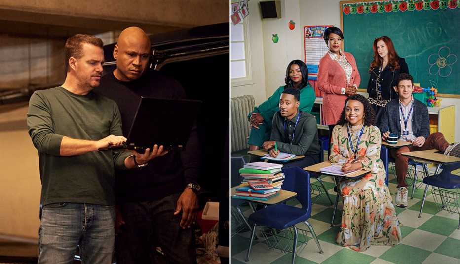 Chris O'Donnell and LL Cool J looking at a laptop in the television series NCIS: Los Angeles and a group photo of the cast of Abbott Elementary
