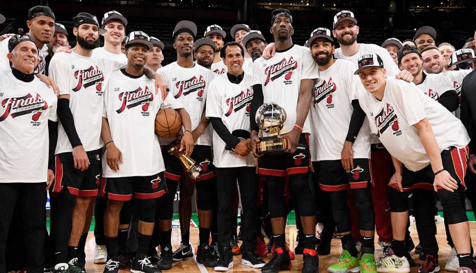 The Miami Heat celebrate after defeating the Boston Celtics in Game 7 of the Eastern Conference Finals in Boston