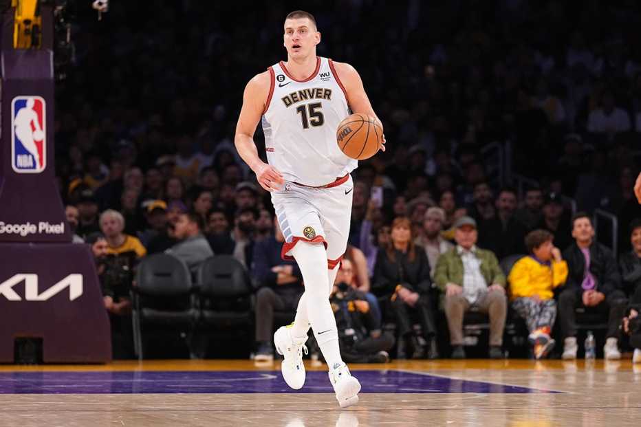 Denver Nuggets center Nikola Jokic dribbling the ball during Game 4 of the Western Conference Finals in Los Angeles