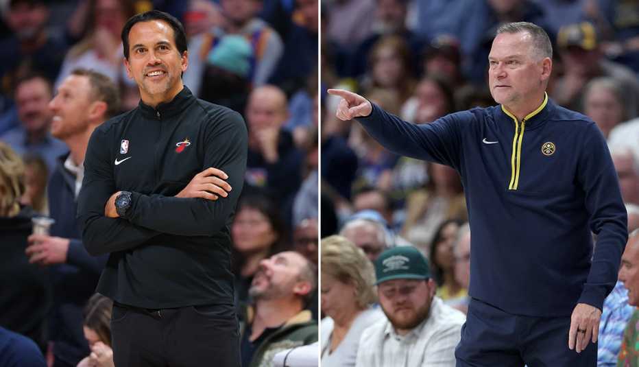 Miami Heat head coach Erik Spoelstra and Denver Nuggets head coach Michael Malone each on the sidelines coaching their respective teams
