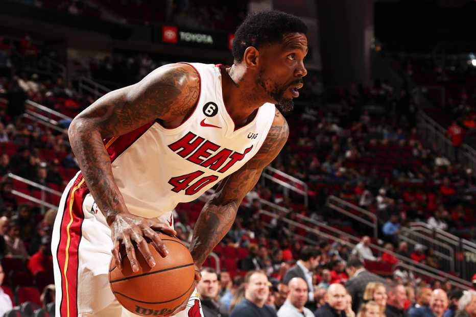 Miami Heat forward Udonis Haslem holds the ball during a game against the Houston Rockets in Houston