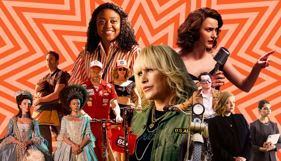 collage of characters from various television shows on orange background with zigzags