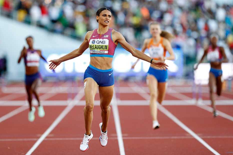 sydney mclaughlin wins the gold medal and sets a new world record in the 400 meter hurdles at the world athletics championship oregon22 in eugene oregon