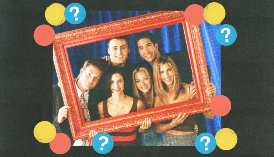 six main cast members of friends posing in a large picture frame; blue curtain background; red, yellow and blue circles with question marks surround them