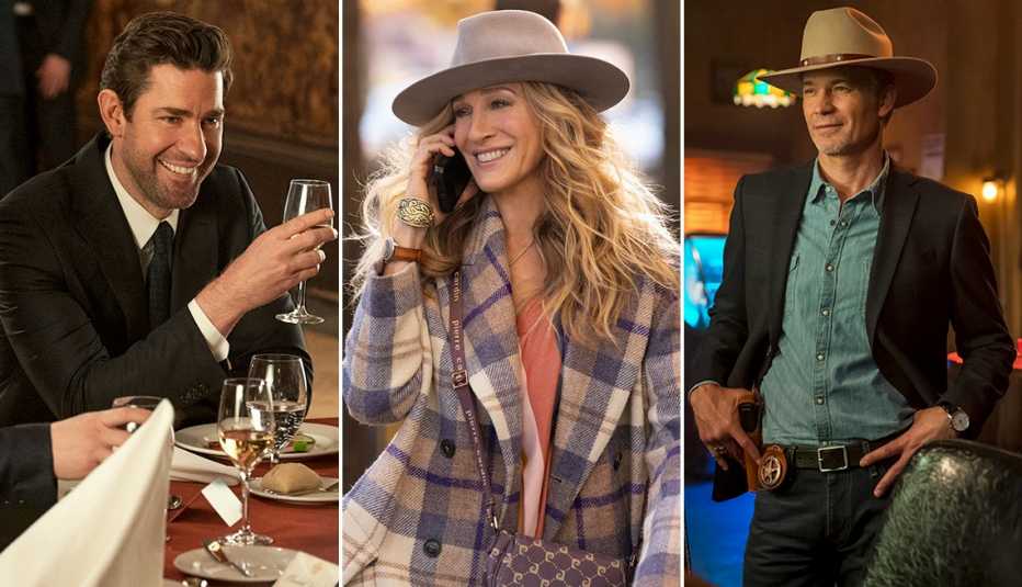 John Krasinski sitting at a dinner table holding a glass cup in Tom Clancy's Jack Ryan; Sarah Jessica Parker talking on a smartphone in And Just Like That; Timothy Olyphant in Justified: City Primeval