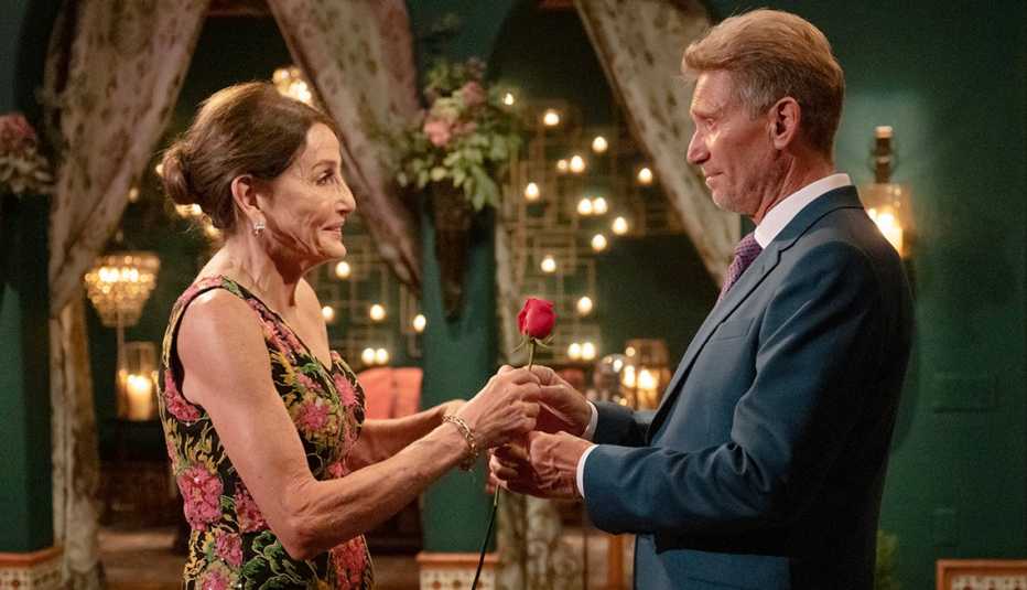 the golden bachelor gerry turner gives a rose to kathy in episode 2 of the show