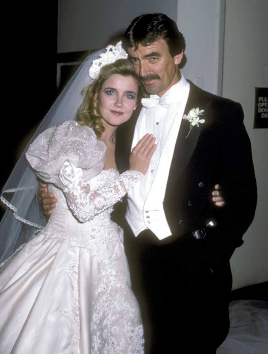 Melody Thomas Scott wearing a wedding dress and Eric Braeden wearing a tuxedo for the taping of the television series The Young and the Restless