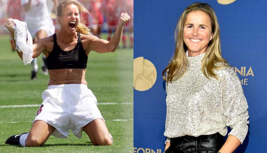brandi chastain celebrates her game winning shootout goal in the 1999 women's world cup final and her in 2019 at the 13th annual california hall of fame induction ceremony