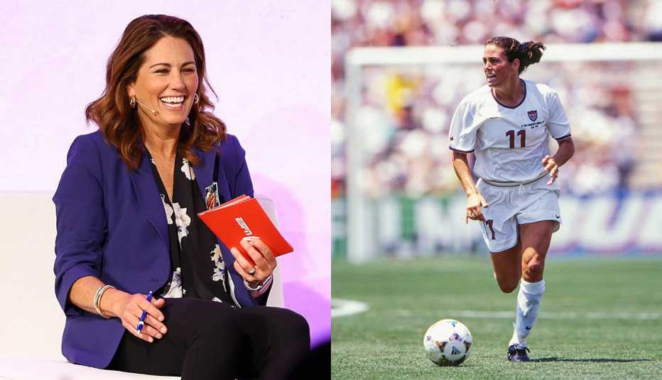 julie found at the 2023 espn w summit n y c in new york and foudy playing in the 1999 women's world cup final at the rose bowl in los angeles