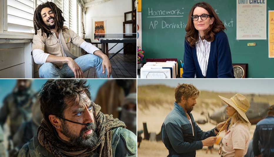 Kingsley Ben-Adir in "Bob Marley: One Love," Tina Fey in "Mean Girls," Ryan Gosling and Emily Blunt in "The Fall Guy" and Javier Bardem in "Dune: Part Two."