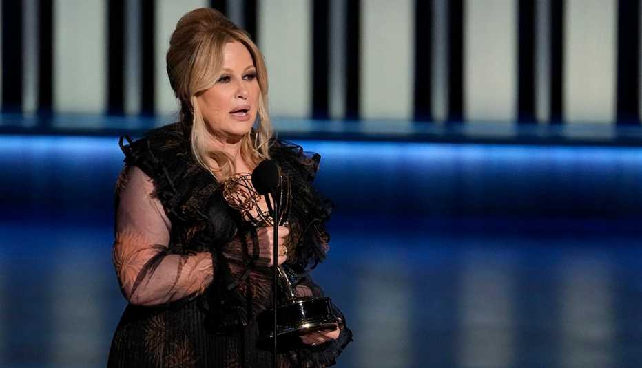 Jennifer Coolidge speaks onstage after accepting her award at the 75th Emmy Awards
