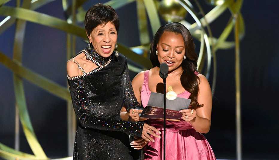 Marla Gibbs and Quinta Brunson onstage at the 75th Emmy Awards