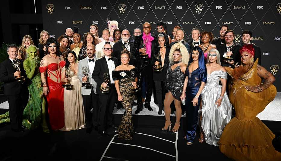 RuPaul and winners of the outstanding reality tv competition for "RuPaul's Drag Race" in the press room at the 75th Emmy Awards