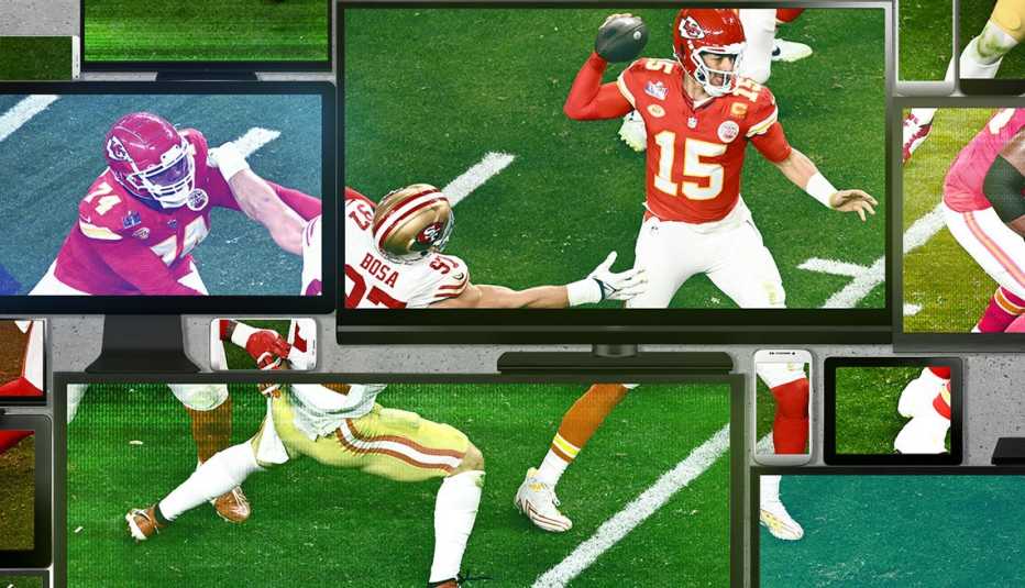 various electronic screens showing patrick mahomes making a pass during super bowl in twenty twenty four