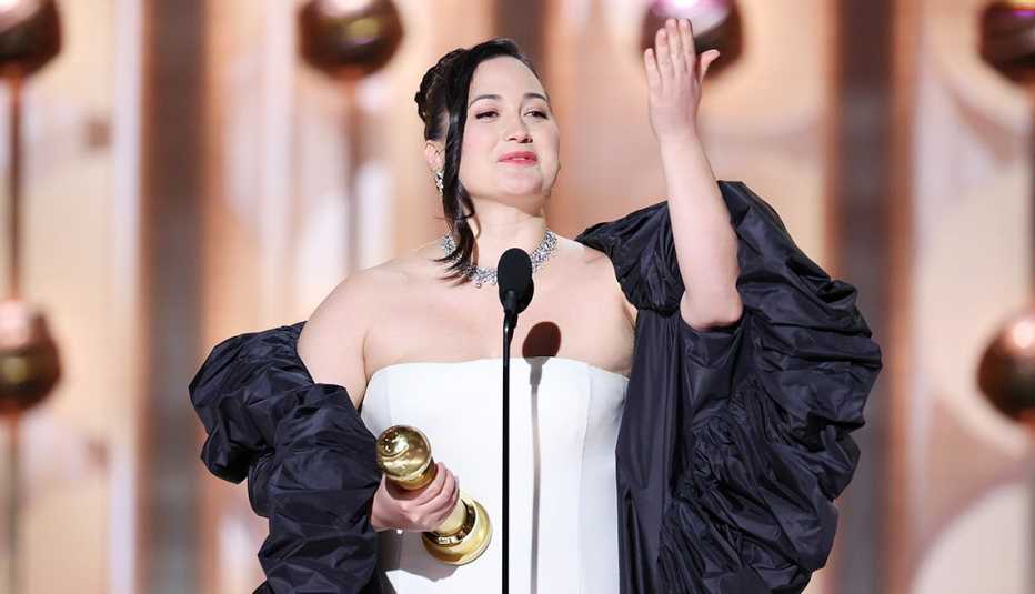 Lily Gladstone accepts award for Best Performance by a Female Actor in a Motion Picture  Drama for "Killers of the Flower Moon" at the 81st Golden Globe Awards