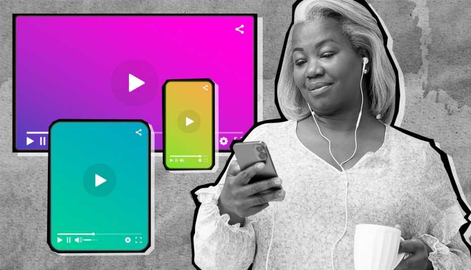 a woman wearing earbuds looks at a smartphone next to two colorful illustrations of smartphones and a video player over a gray and black field