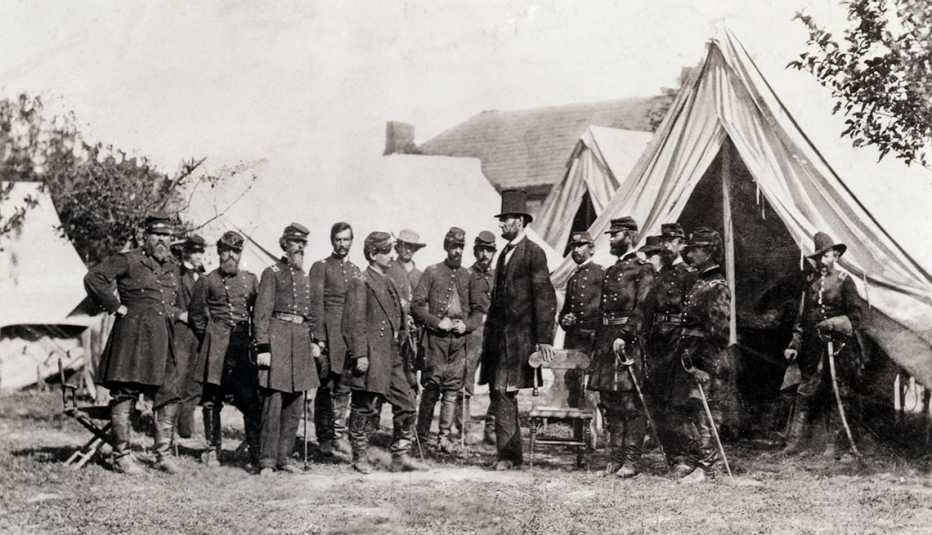 president lincoln visiting general george b mcclellan and his staff at his camp near sharpsburg maryland
