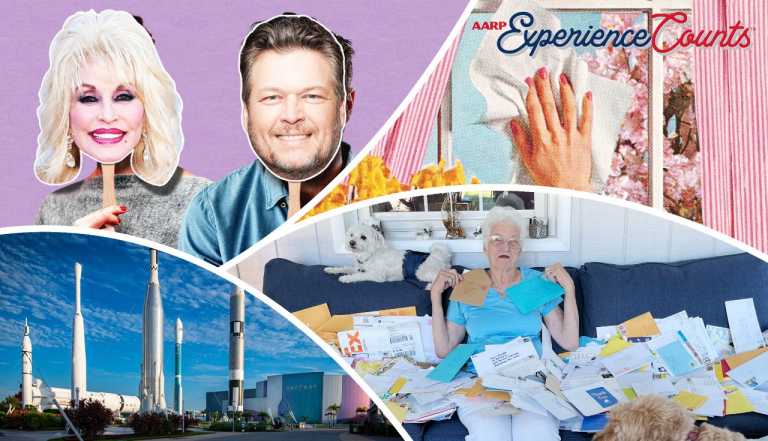 a collage of images from an april issue of aarp's experience counts