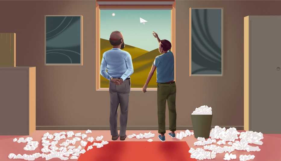 an illustration of a boy pointing at the sky standing next to a man at a window on a red floor