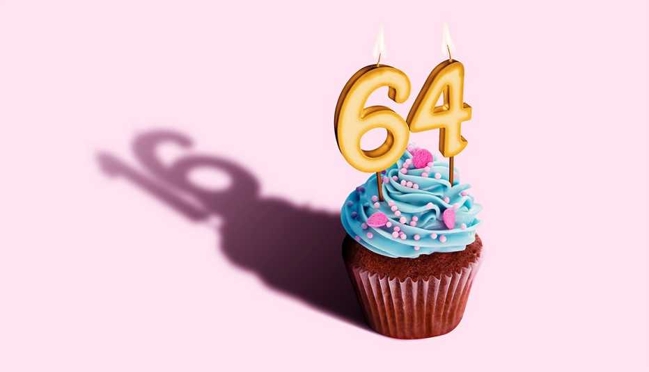 a cupcake with the number 64 on it over a pink field