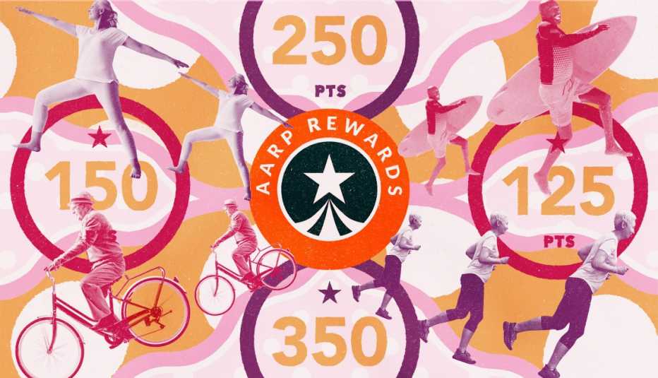 illustrations of active people and numbers indicating aarp rewards points