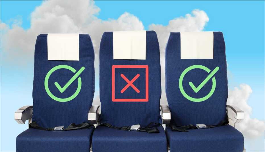 a row of airplane seats, two with a green checkmark and one with a red x