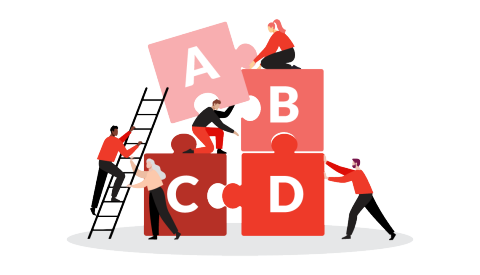 illustration of people building a structure from square blocks with the letters a b c and d