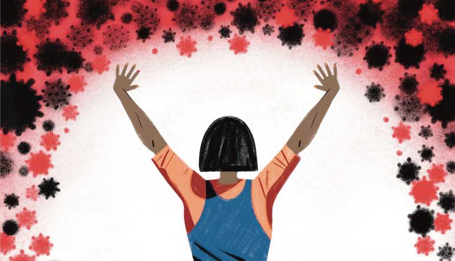 illustration of a person holding up their arms to banish away covid cells