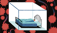 illustration of a person in bed sleeping in a protected cube against the coronavirus