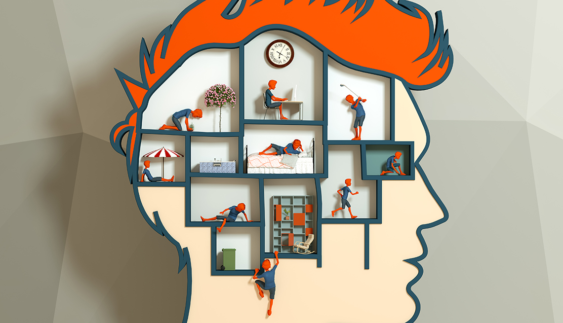 illustration of a man's head and with illustrations of various activities in his brain like exercising, relaxing and gardening