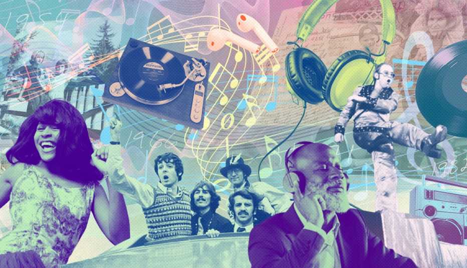 collage of music artists and accessories including headphones a turntable music notes and a boombox
