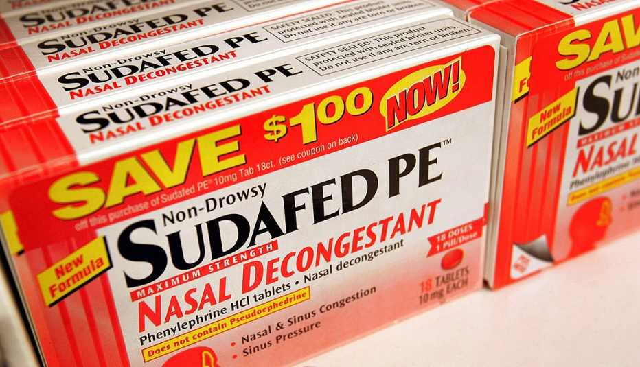 sudafed PE nasal decongestant is displayed on a shelf