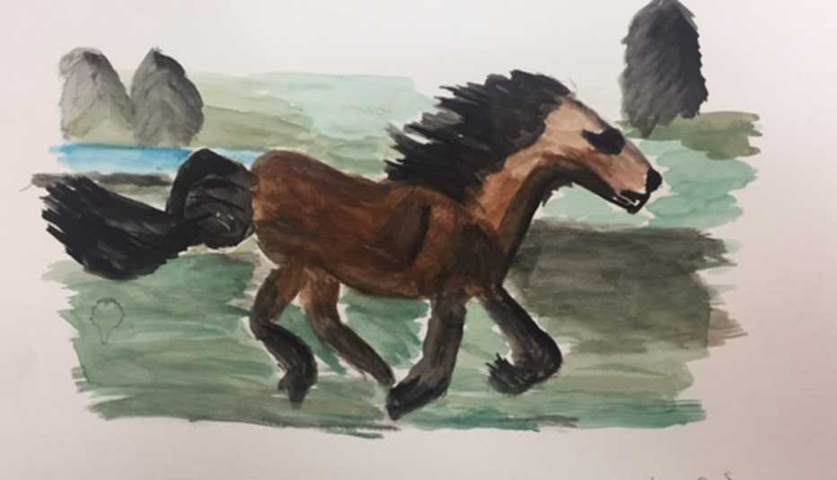 Painting of a brown horse running with grass and trees in the background. Artist is a dementia patient. 