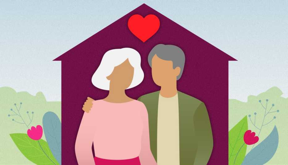two people inside a house with a heart above their heads. the woman has white hair and is older and her adult son has his arm around her in a protective gesture