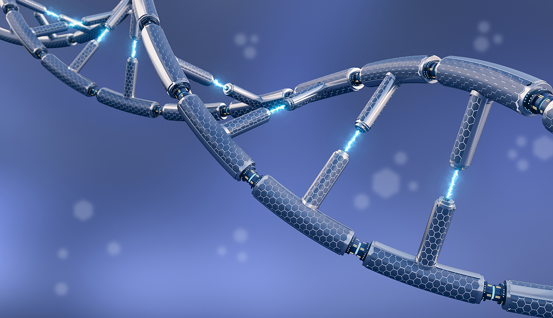Computer graphic of a DNA strand on a blue background. 