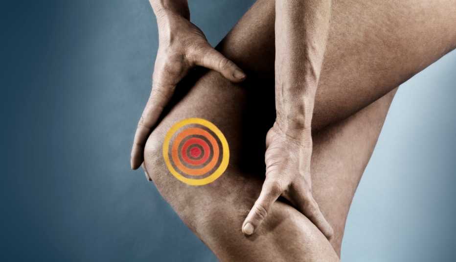 a close-up of a red and yellow swirl on the side of a man's knee representing joint pain in cold weather