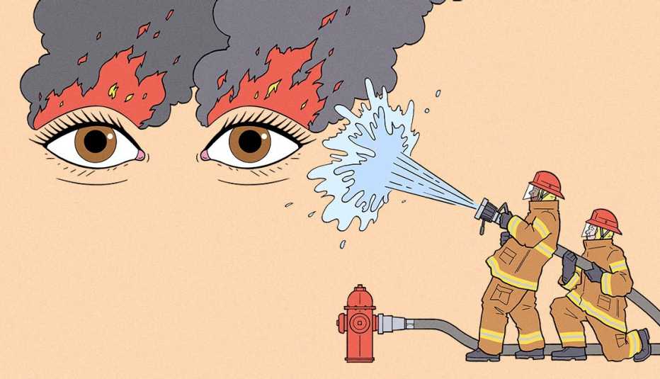 cartoon firefighters putting out flames coming from a giant pair of eyes