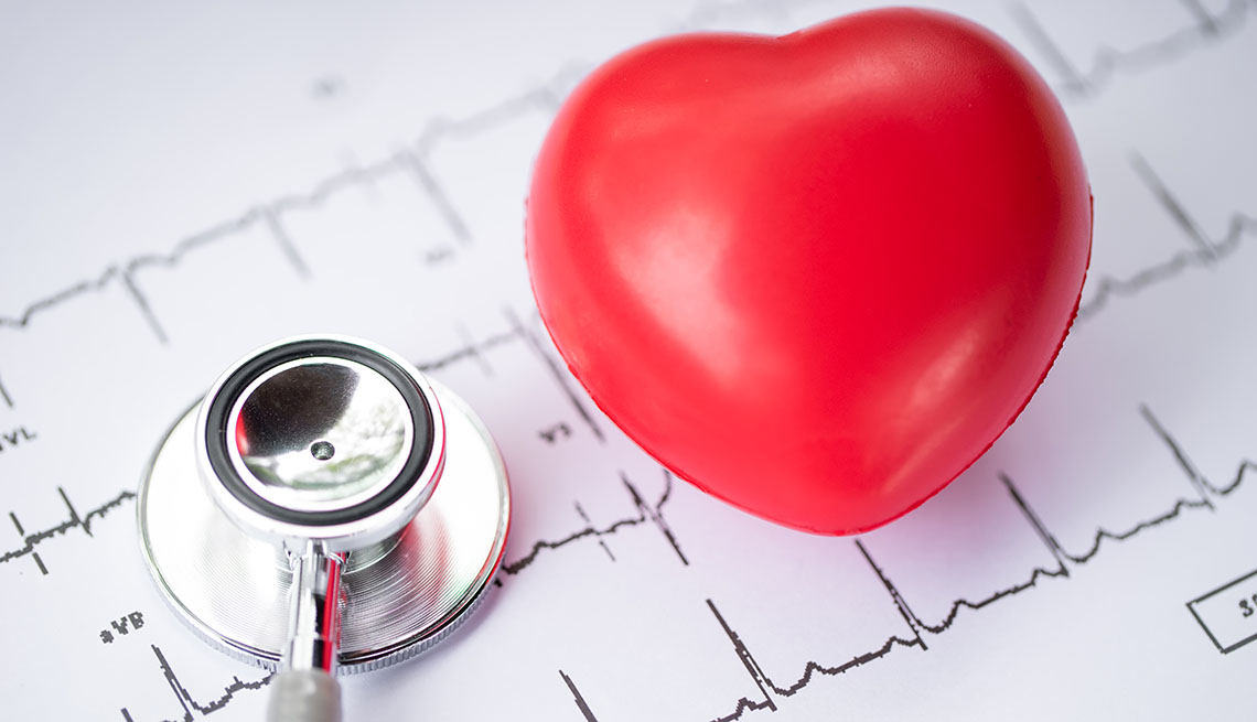 A heart along with a stethoscope and EKG printout