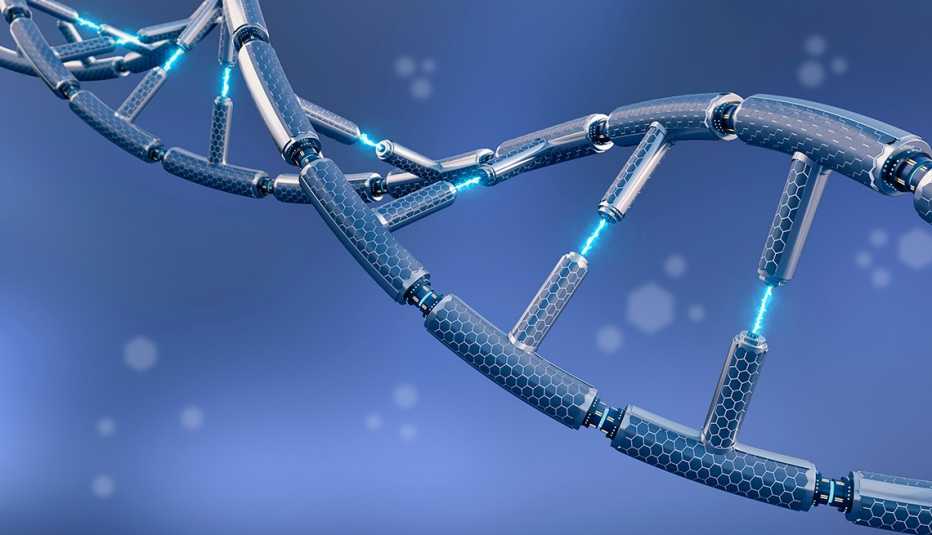 Computer graphic of a DNA strand on a blue background. 