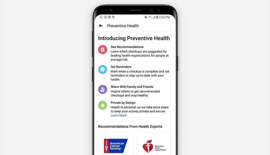 An image of a phone showing Facebook's Preventive Health tool
