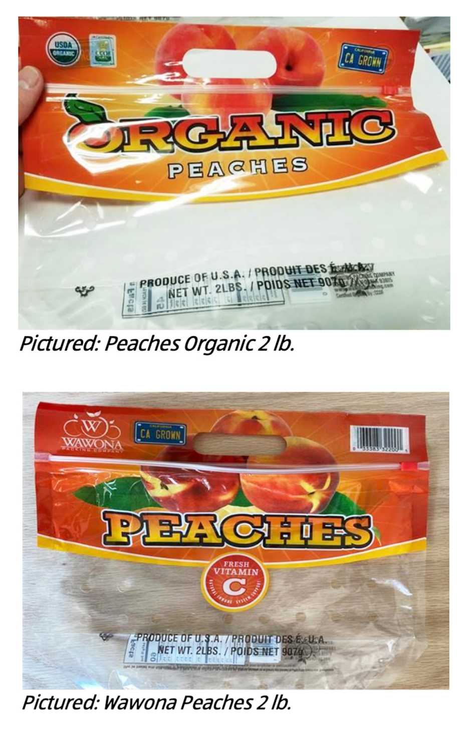 Empty bag that held peaches potentially contaminated by salmonella.