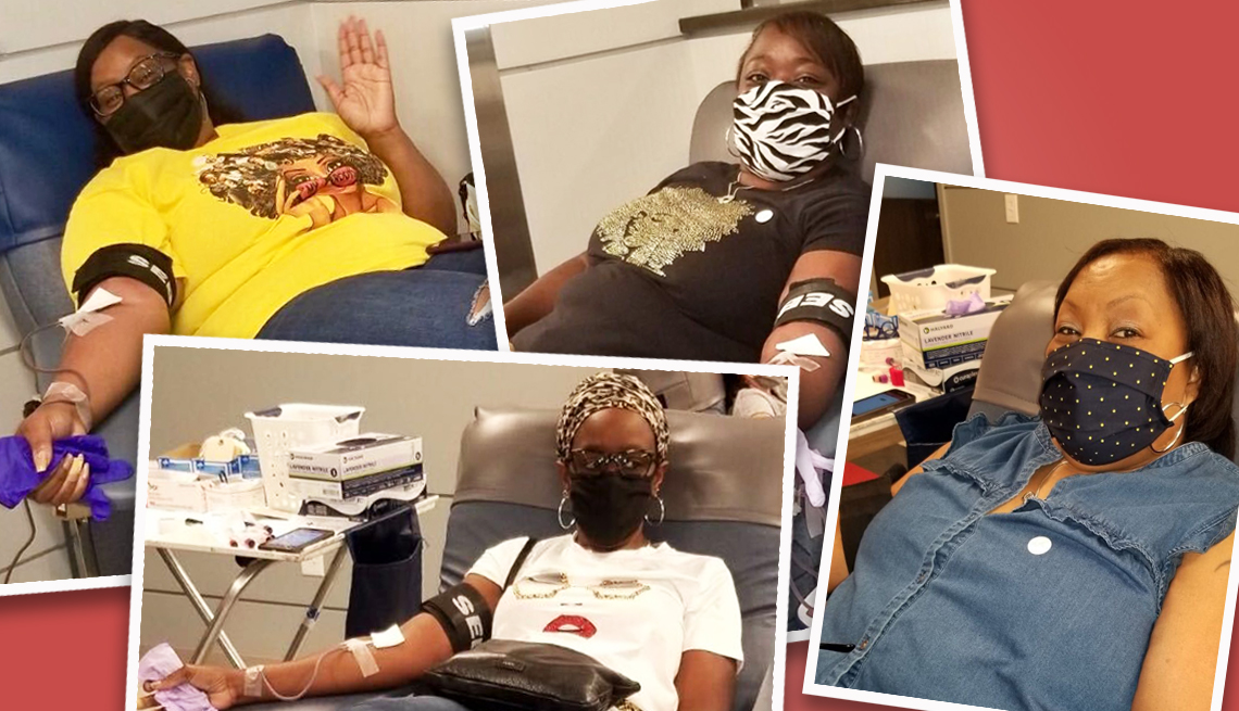 four photos of women donating blood clockwise from top left are pamela mcgraw twannia gay teena leach and victoria stevenson