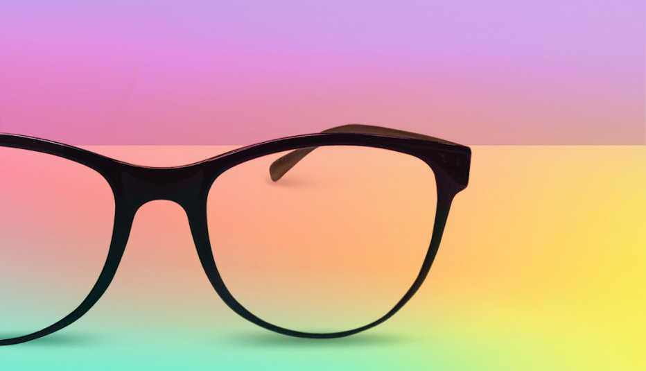 graphic of eyeglasses set against a colorful background