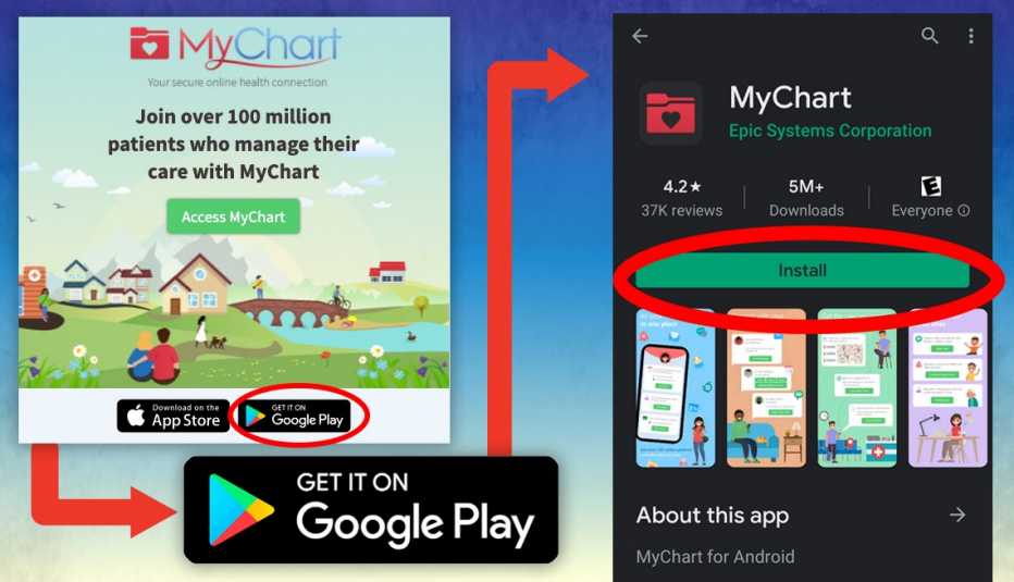screenshot of steps involved in downloading the mychart app on an android mobile phone using the google play store