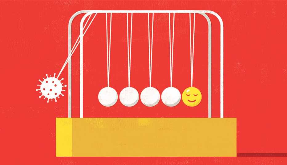 graphic illustration of a newtons cradle balance ball device where one end is a happy face and the other end is a covid nineteen cell