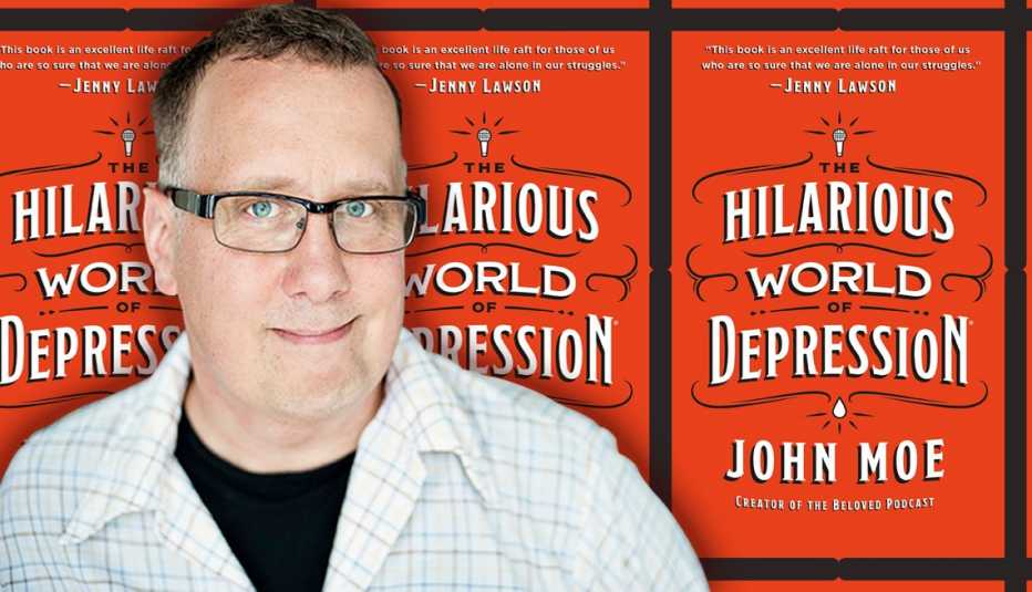 author john moe in front of his latest book cover titled the hilarious world of depression