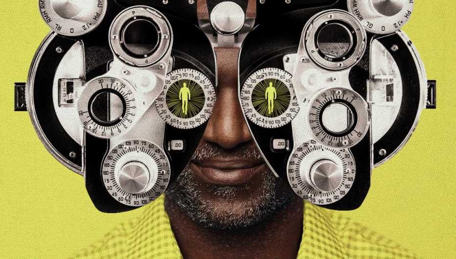 photo illustration of a mans head close up partially hidden by an eye exam machine